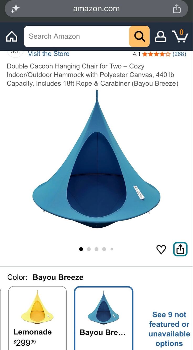 Vivere Double Cacoon Hanging Chair Bayou Breeze 440 lb CACDBB Open Box